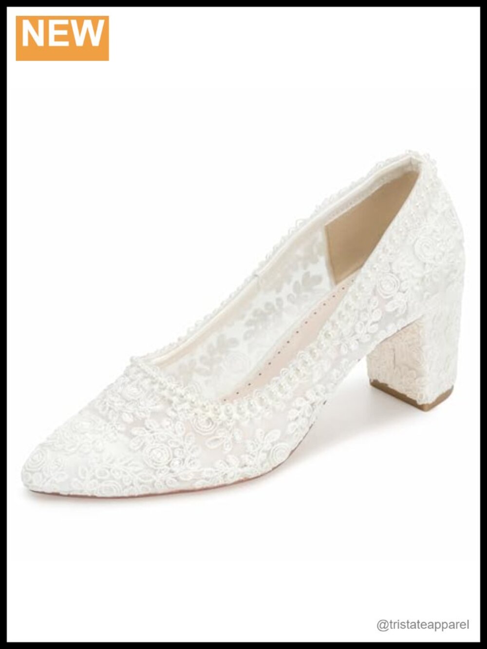 Women's Lace Pearl Block Heel Bridal Pumps Closed Toe Formal Wedding Heels